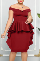 Red Casual Elegant Solid Patchwork Off the Shoulder One Step Skirt Dresses