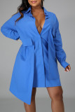 ブルー カジュアル ソリッド パッチワーク バックル 非対称 ターンダウン カラー シャツドレス ドレス