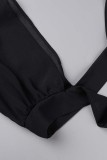 Vestidos de cuello en V de lentejuelas de vendaje de patchwork casual negro