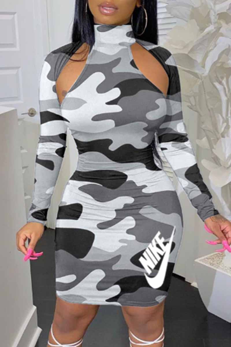 

Grey Street Camouflage Print Letter Turtleneck One Step Skirt Dresses