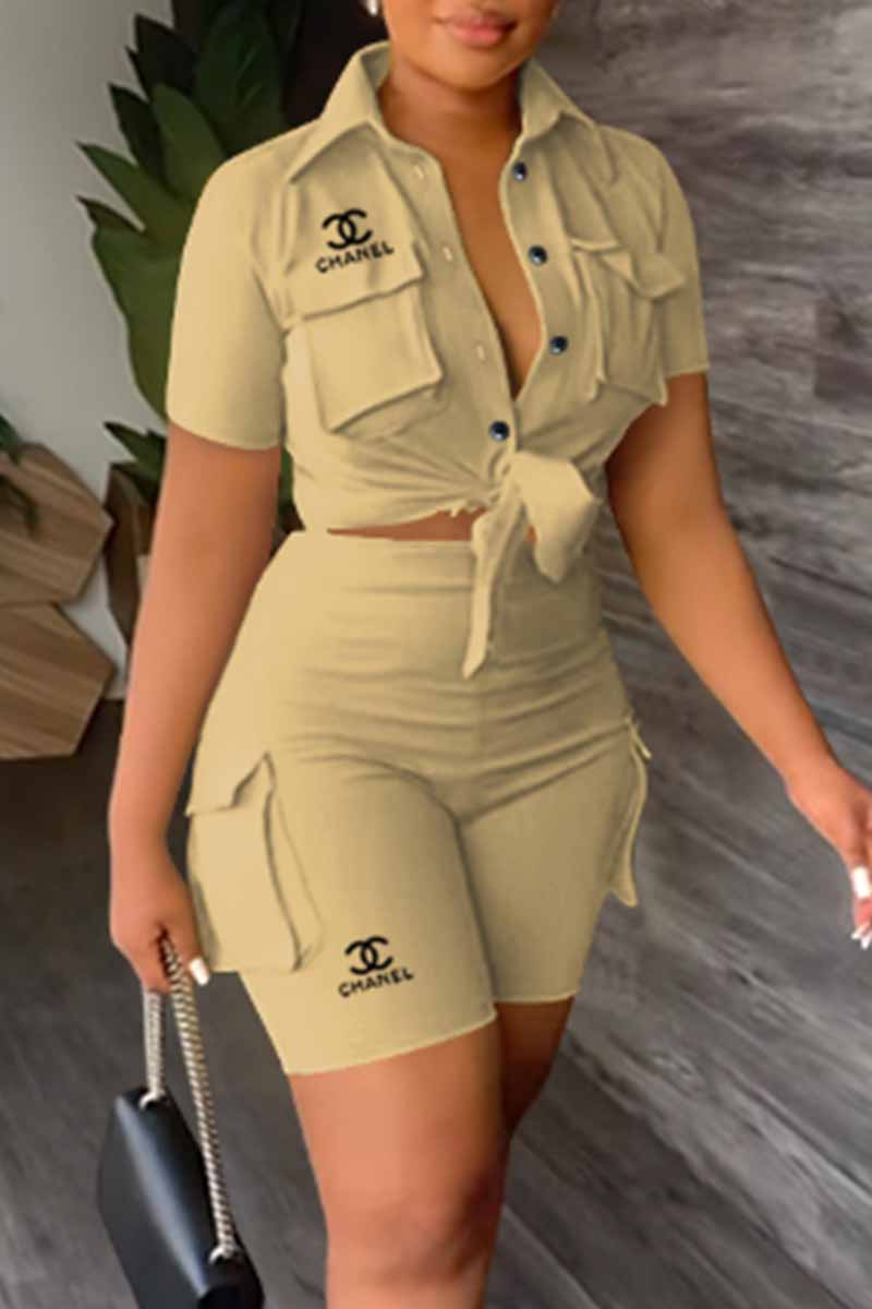 

Khaki Casual Print Letter Turndown Collar Short Sleeve Two Pieces