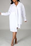 Robes de robe de chemise à col rabattu asymétrique à boucle patchwork solide décontractée blanche