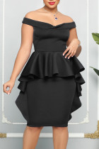 Zwart casual elegant effen patchwork off-shoulder eenstaps rokjurken