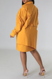 Amarelo casual sólido patchwork fivela assimétrica gola redonda camisa vestidos vestidos