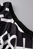 Zwart-wit casual print backless schuine kraag onregelmatige jurk jurken