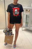 Black Casual Daily Print Skull Patchwork O Neck T-Shirts