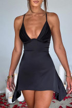 Black Sexy Solid Patchwork Asymmetrical Halter Evening Dress Dresses