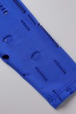 Синий модный сексуальный однотонный рваный полуводолазка с длинным рукавом из двух частей
