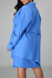 Синее повседневное однотонное платье-рубашка в стиле пэчворк с асимметричным отложным воротником и пряжкой Платья Платья
