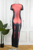Fuchsia Casual Print Basic O-Ausschnitt Kurzarm Kleid Kleider