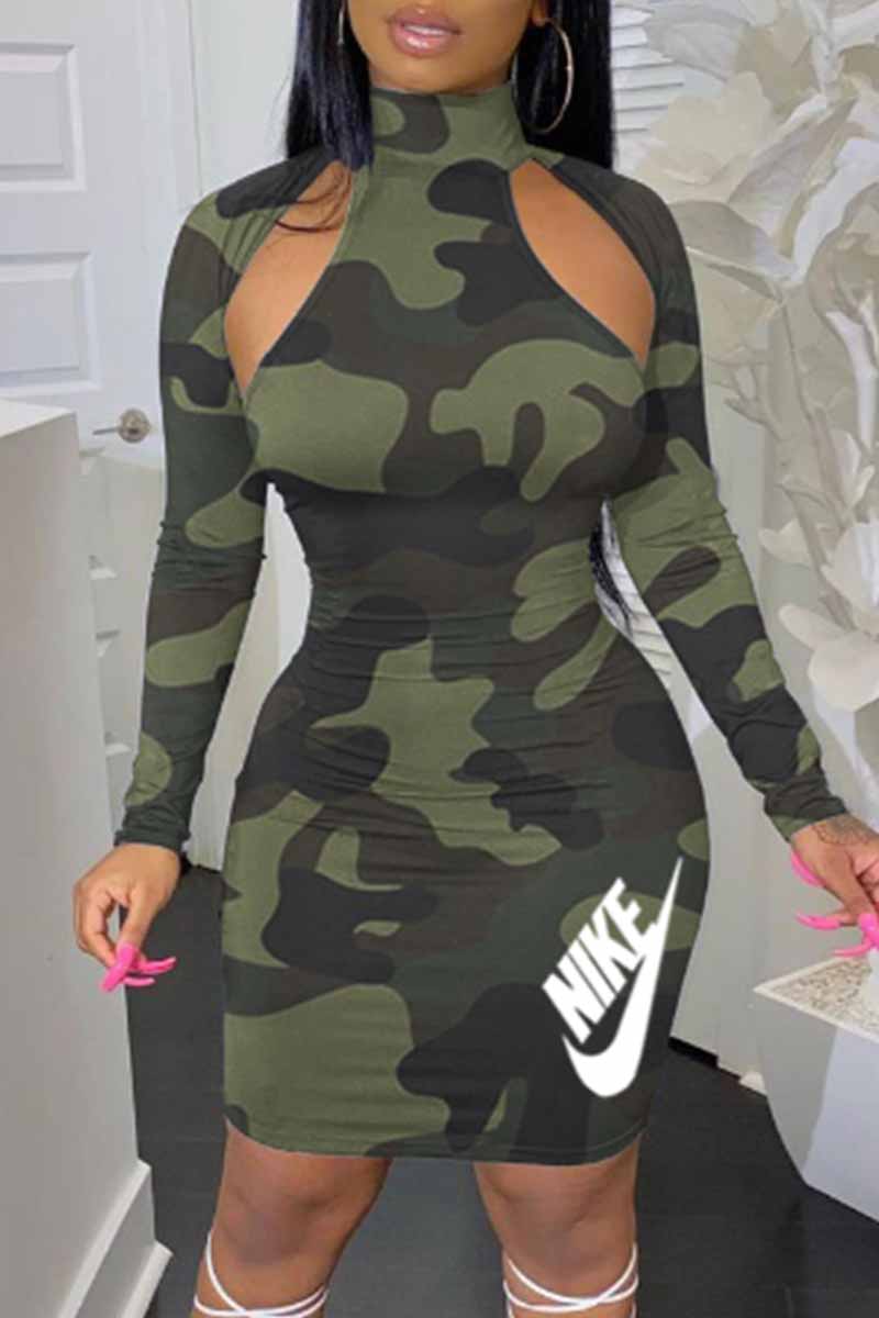 

Army Green Street Camouflage Print Letter Turtleneck One Step Skirt Dresses