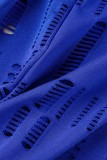 Blå Mode Sexig Solid Ripped Halv Turtleneck Långärmad Två delar