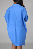 Blauw casual effen patchwork gesp asymmetrische kraag overhemdjurk jurken