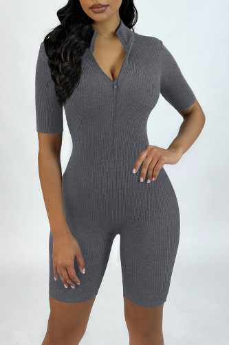 Dark Gray Sexy Solid Patchwork Zipper Collar Skinny Rompers