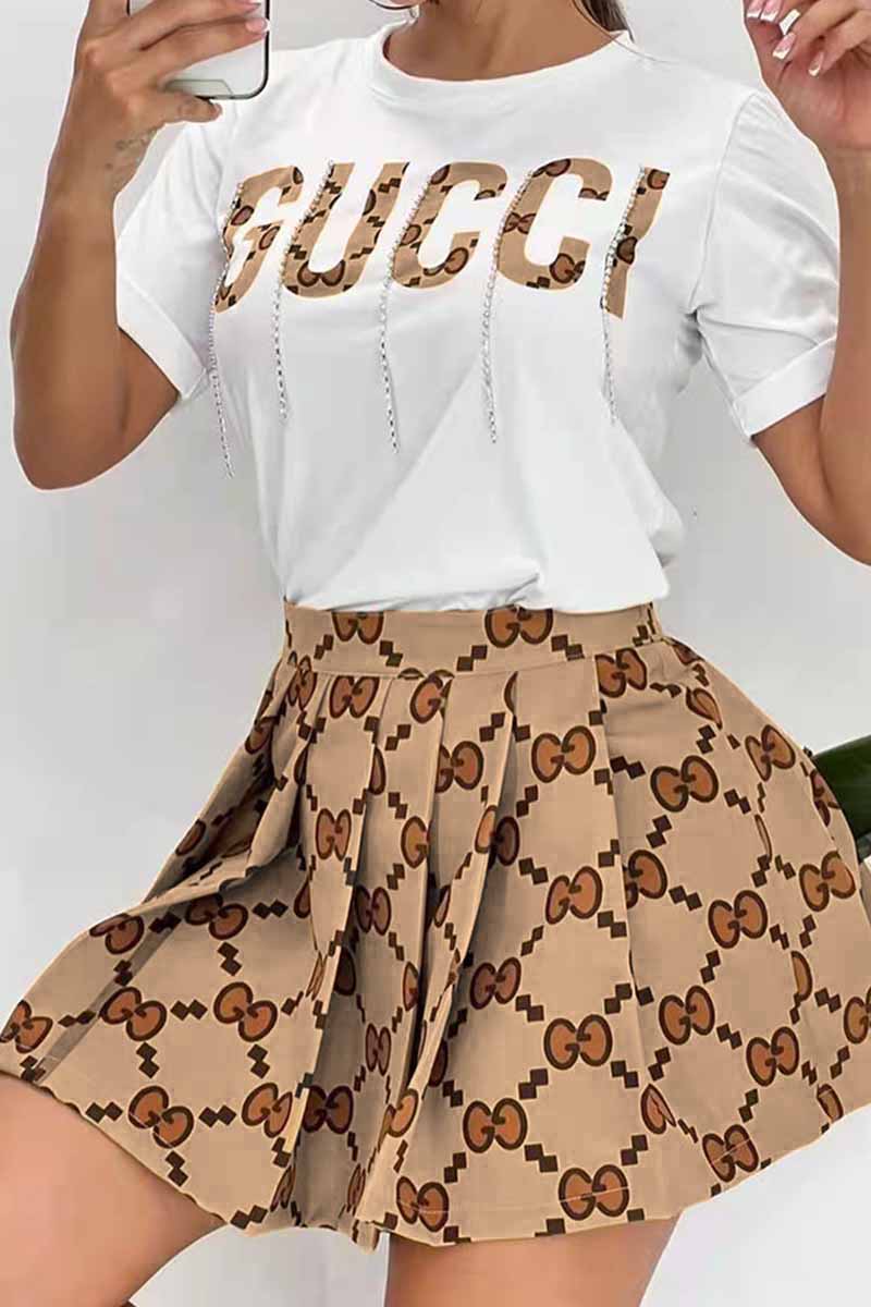 

Light Brown Casual Letter Tassel O Neck Short Sleeve Two Pieces