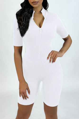 White Sexy Solid Patchwork Zipper Collar Skinny Rompers