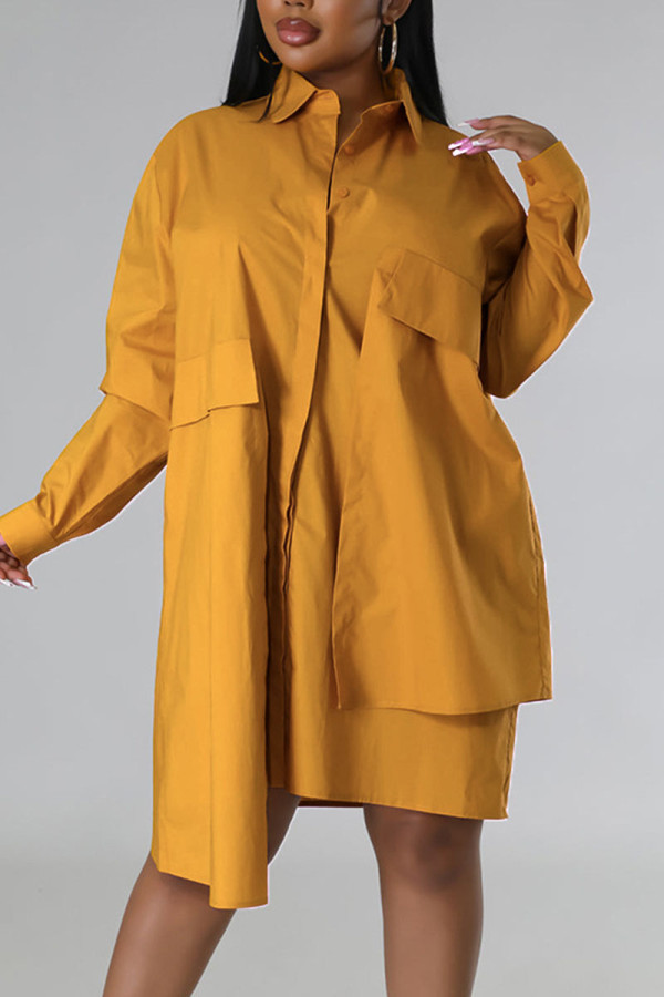 Vestido camisero con cuello vuelto asimétrico con hebilla de retazos liso informal amarillo Vestidos