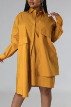 Желтые повседневные однотонные платья-рубашки в стиле пэчворк с асимметричной пряжкой и отложным воротником Платья