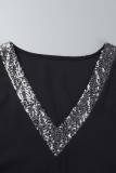 Zwarte casual patchwork bandage pailletten V-hals jurken