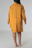 Geel casual effen patchwork gesp asymmetrische kraag overhemdjurk jurken