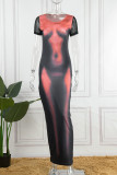 Fuchsia Casual Print Basic O-Ausschnitt Kurzarm Kleid Kleider
