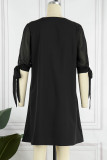ブラック カジュアル パッチワーク 包帯 スパンコール Vネック ドレス
