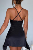 ブラック セクシー ソリッド パッチワーク 非対称 ホルター イブニングドレス ドレス