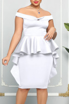 Белые повседневные элегантные однотонные платья в стиле пэчворк с открытыми плечами и юбкой на один шаг