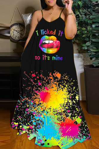 Black Yellow Casual Street Print Patchwork Spaghetti Strap Sling Dress Dresses