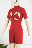 Rose Red Sexy Solid Hollowed Out Patchwork Turtleneck Skinny Rompers(Two Pieces)
