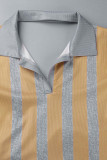 Коричневый сексуальный полосатый принт бинты пэчворк с открытой спиной отложной воротник короткий рукав из двух частей