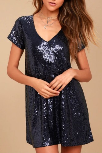 Black Casual Solid Sequins Patchwork V Neck Short Sleeve Dress