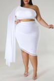 White Sexy Solid Patchwork Backless Oblique Collar Plus Size Two Pieces