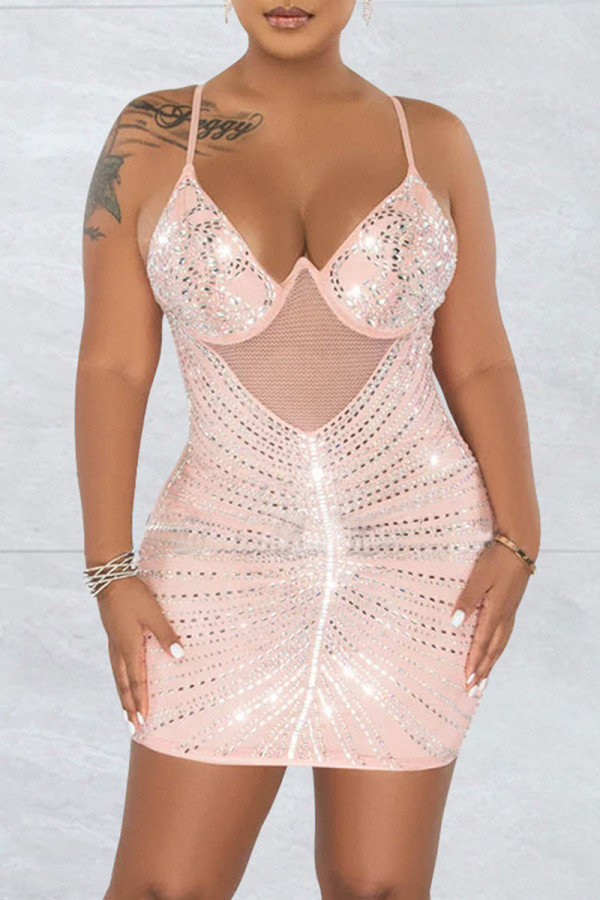 Vestido sin mangas con tiras de espagueti sin espalda transparente con perforación en caliente de patchwork sexy rosa Vestidos