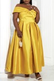 ゴールド セクシー フォーマル ソリッド パッチワーク バックレス リボン付き オフショルダー イブニングドレス プラスサイズドレス