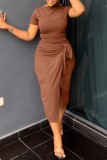 Brown Casual Solid Slit O Neck Short Sleeve Two Pieces