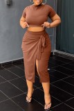 Brown Casual Solid Slit O Neck Short Sleeve Two Pieces