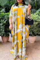 Желтое повседневное длинное платье с принтом в стиле пэчворк Половина водолазки Платья