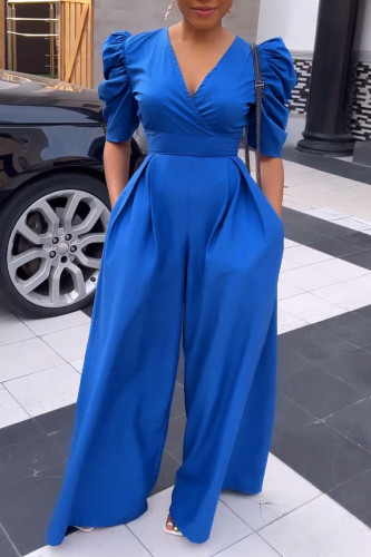 Blue Casual Solid Patchwork Fold V Neck Straight Jumpsuits