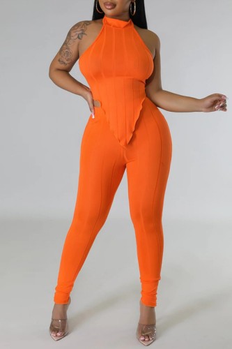 Orange Sexy Casual Solid Backless Asymmetrical Halter Sleeveless Two Pieces