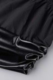 Colarinho oblíquo preto casual sólido sem encosto manga longa duas peças