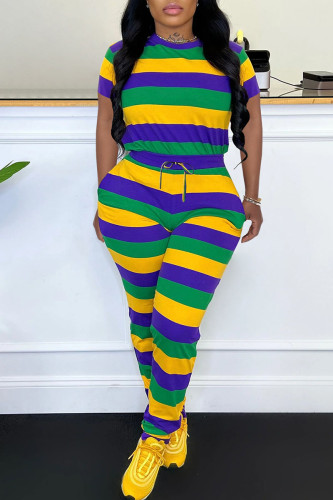 Yellow Blue Casual Striped Print Patchwork O Neck Short Sleeve Two Pieces T-shirts Tops And Pants Sets Jogger Sets