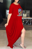 Красное повседневное базовое платье с круглым вырезом и коротким рукавом с принтом Платья больших размеров