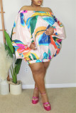 Pink Casual Print Patchwork Off the Shoulder Long Sleeve Plus Size Dresses