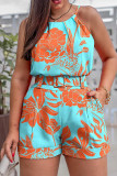 Orange Rainbow Casual Print With Belt O Neck Sleeveless Two Pieces Tank Tops And Shorts Sets
