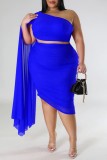 Blue Sexy Solid Patchwork Backless Oblique Collar Plus Size Two Pieces