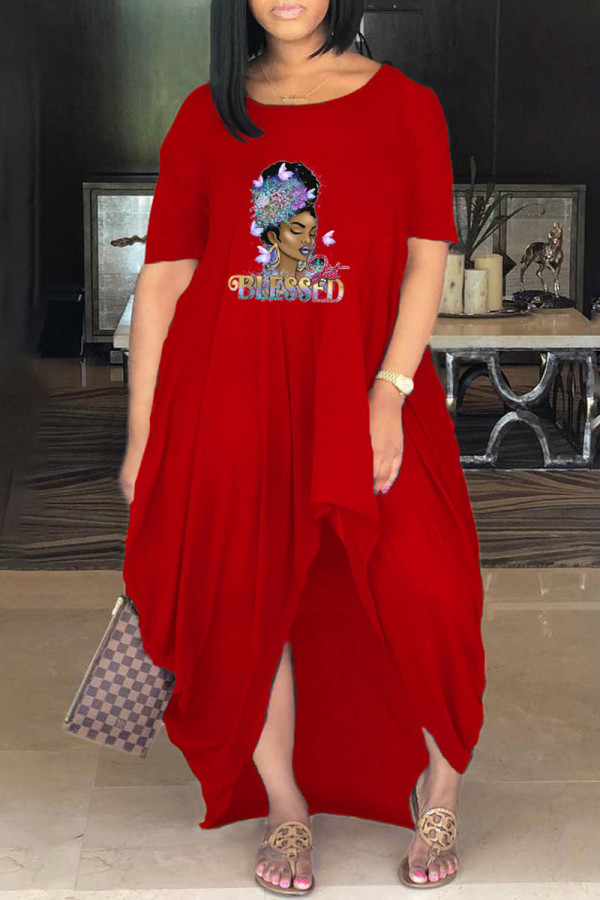 Rotes, lässiges, kurzärmliges Basic-Kleid mit O-Ausschnitt und Kleidern in Übergröße