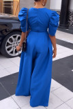 Blue Casual Solid Patchwork Fold V Neck Straight Jumpsuits