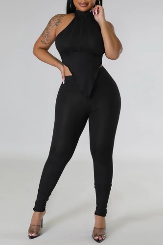 Black Sexy Casual Solid Backless Asymmetrical Halter Sleeveless Two Pieces