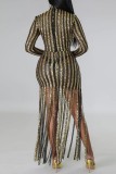 Gold Sexy Patchwork Tassel Sequins See-through Half A Turtleneck Long Sleeve Dresses